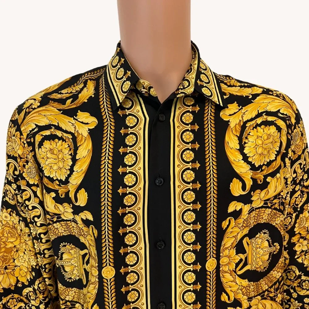 VERSACE BARROCCO SILK TWILL SHIRT IN BLACK + GOLD - Picture 4 of 8